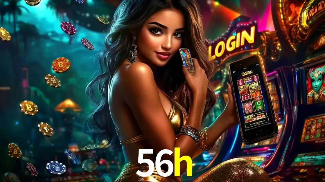 Mulher em um cenário de cassino temático de aventura, mostrando o app de caça-níqueis da 56h no celular. Fichas de apostas flutuam ao redor.